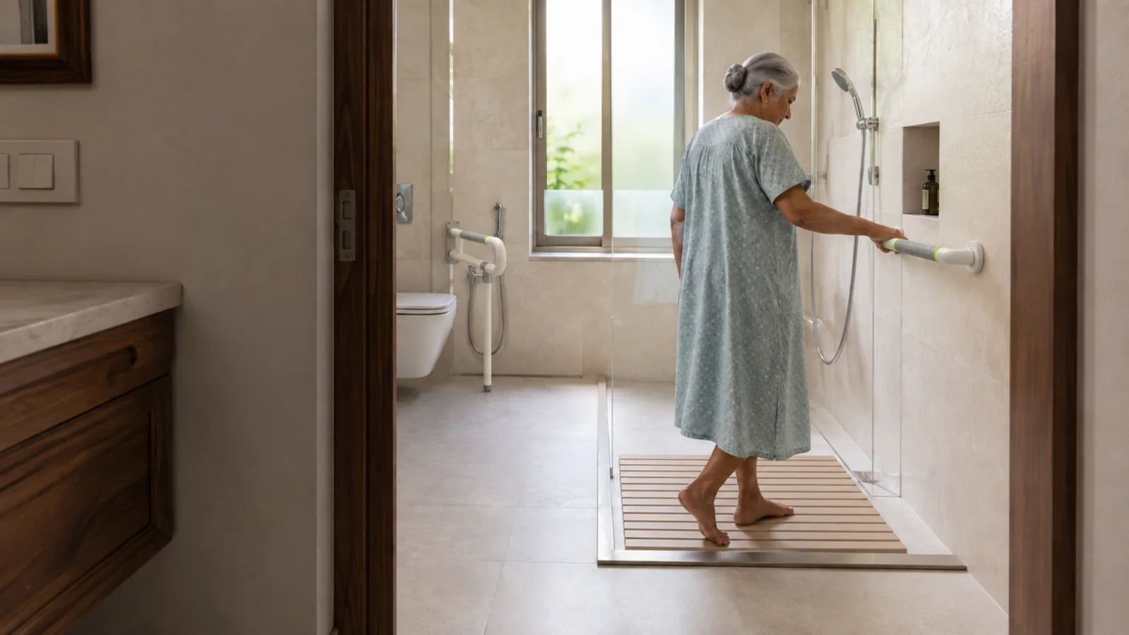 An older Indian woman using professionally installed bathroom safety supports