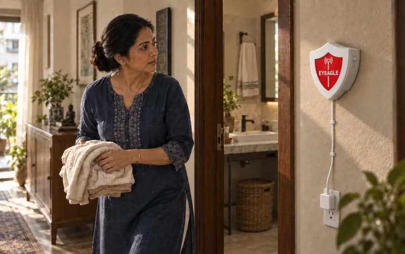 A parent noticing the wired EyEagle Home Hub with Alarm and its power adapter at home
